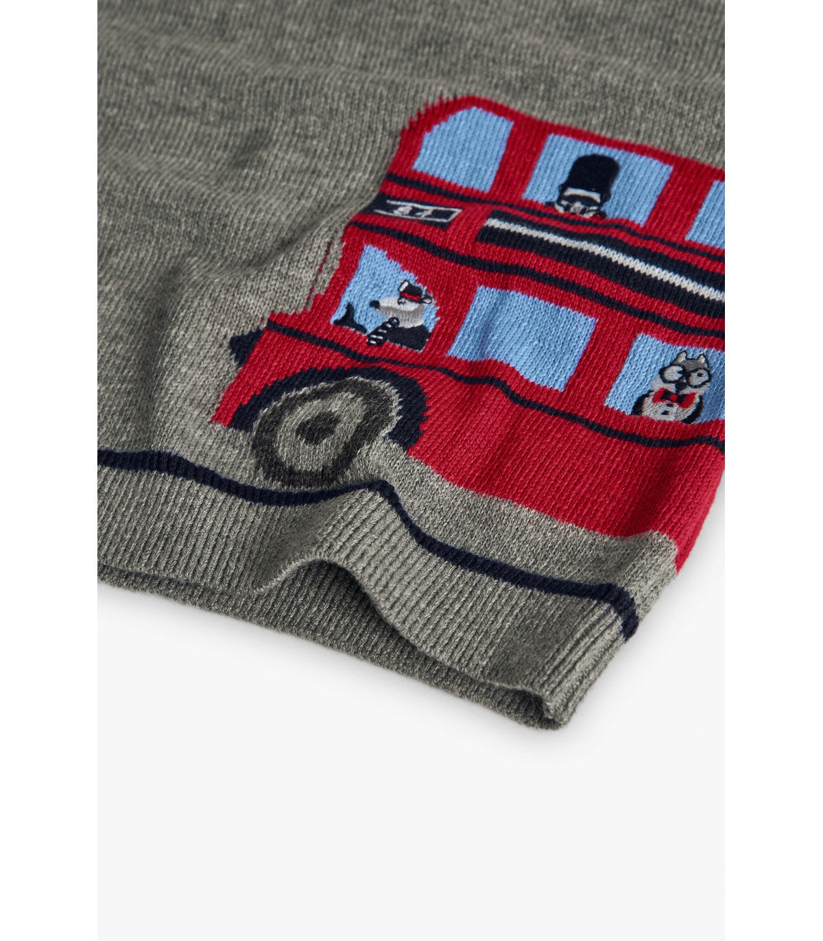 Detail of red double-decker bus design on Boboli jumper