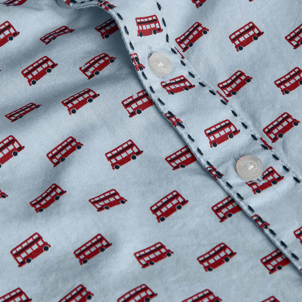 Boboli boys London bus print Oxford shirt – close-up of bus pattern