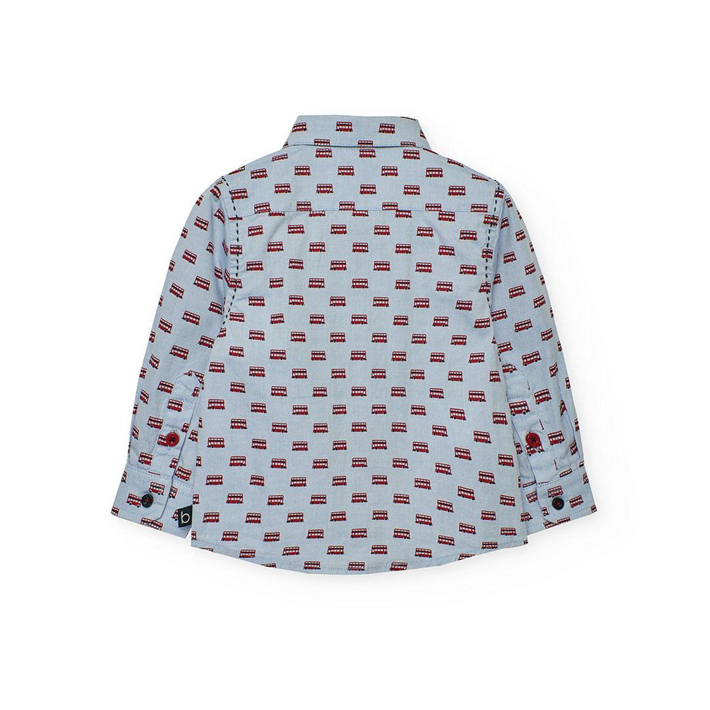 Boboli boys blue and red smart shirt with London bus print – back view