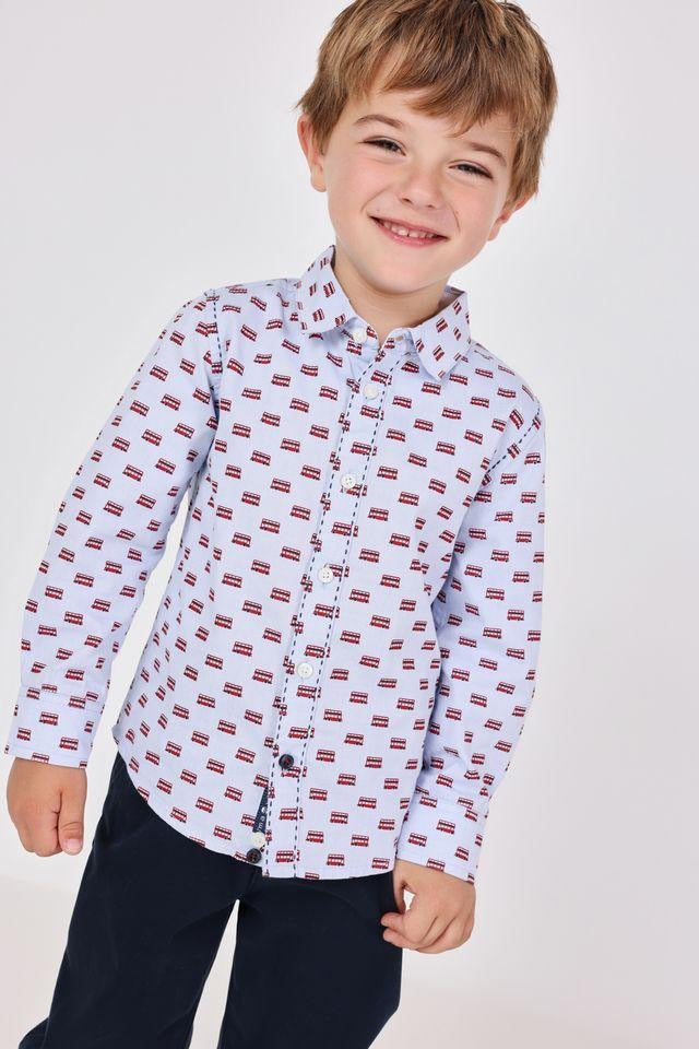 Boboli blue and red boys London bus print Oxford shirt – front view