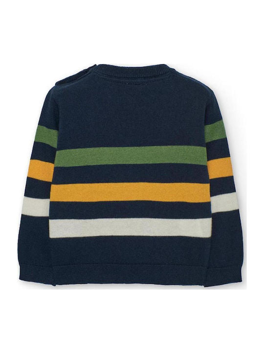 Back view of Boboli boys navy striped knitted jumper with colourful stripes