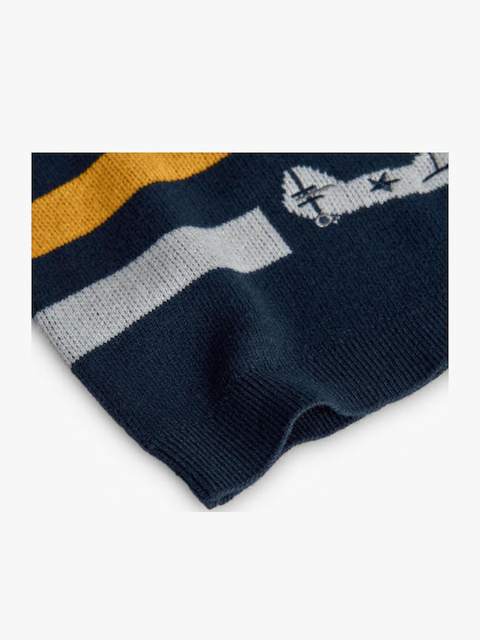 Close-up of Boboli boys navy aeroplane jumper soft knit hem detail