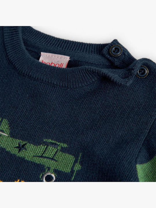 Close-up of Boboli boys navy aeroplane jumper shoulder button l detail