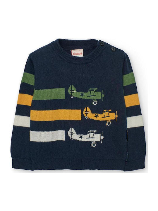 Boboli boys navy stripe knitted jumper with aeroplane design front view