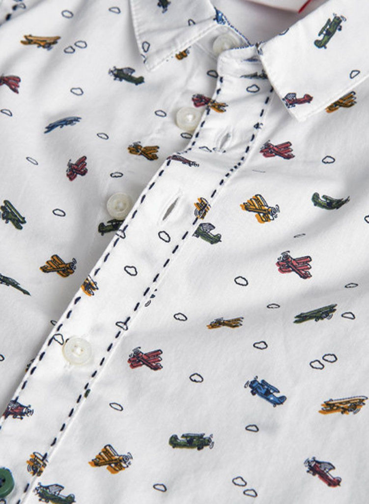 Boboli Boys Helicopter Print Poplin Shirt detail close-up – fun printed cotton shirt for boys