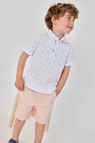 boys pink bermuda shorts baby toddler outfit styled occasion look With matching polo shirt 