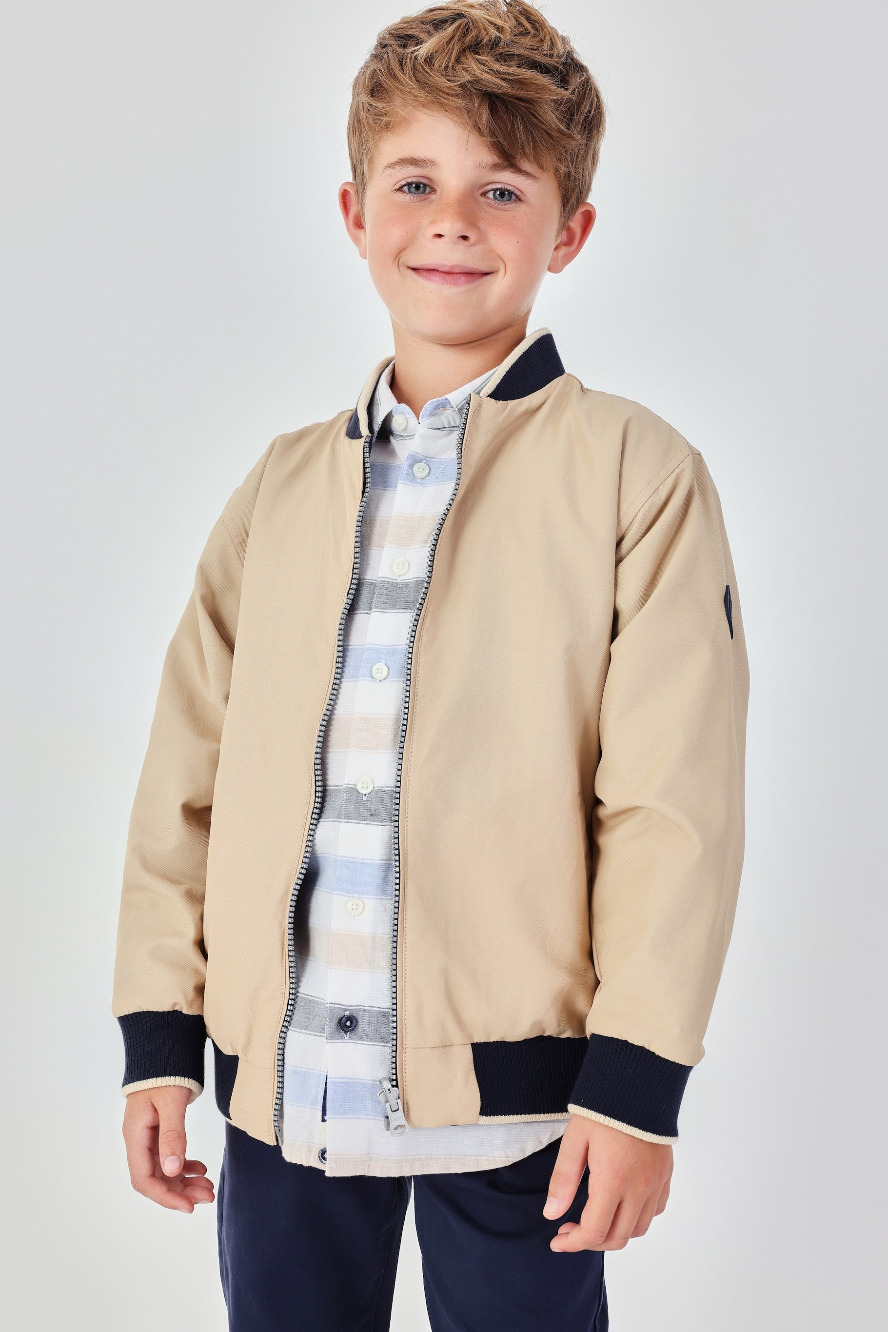 Boboli boys navy reversible bomber jacket worn outfit