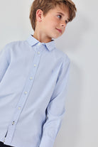 Boboli boys sky blue oxford shirt worn outfit