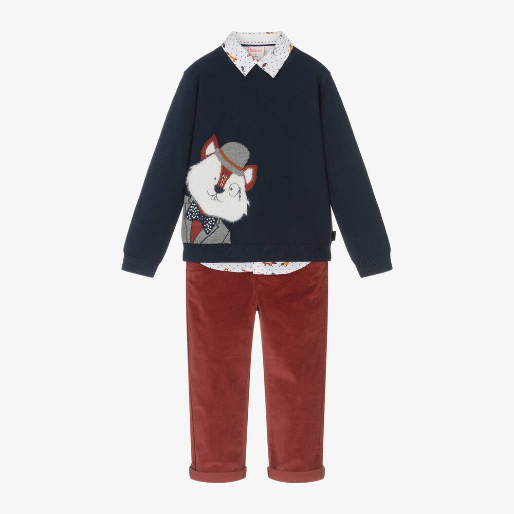 Boboli Boys Navy and Maroon Fox Print 3pce Outfit Set