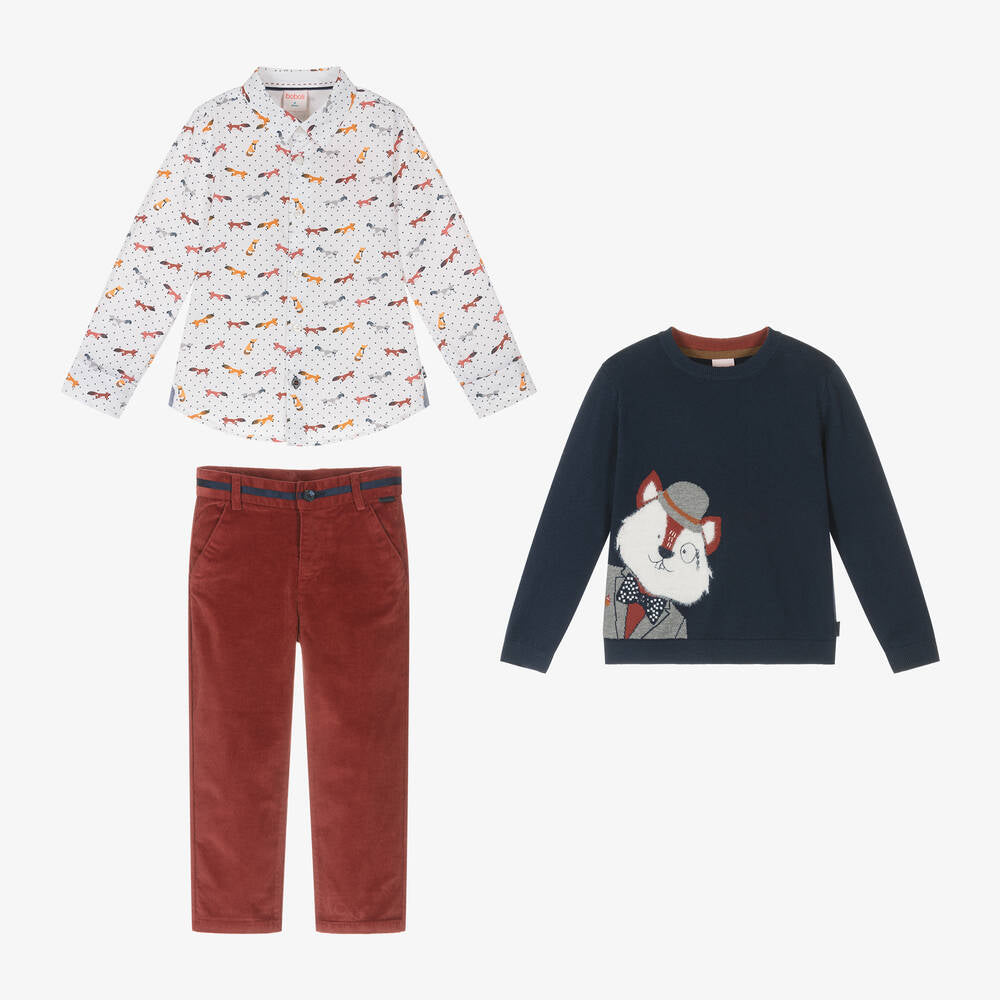 Boboli Navy and Maroon Fox Print Gift Set For Boys 