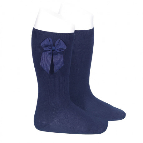 Condor navy girls cotton knee socks with side bow detail
