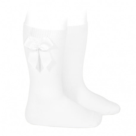 Condor girls white cotton knee socks with side grosgrain bow