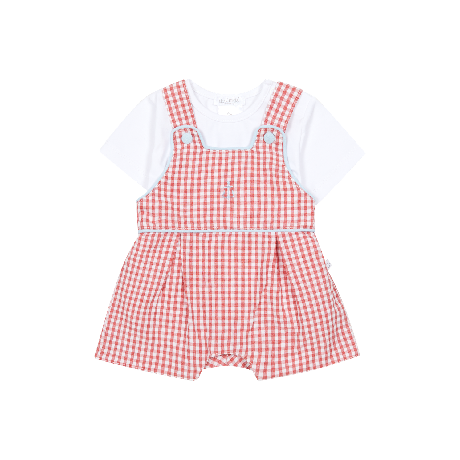 Deolinda baby girls red check dungaree set with white top front view