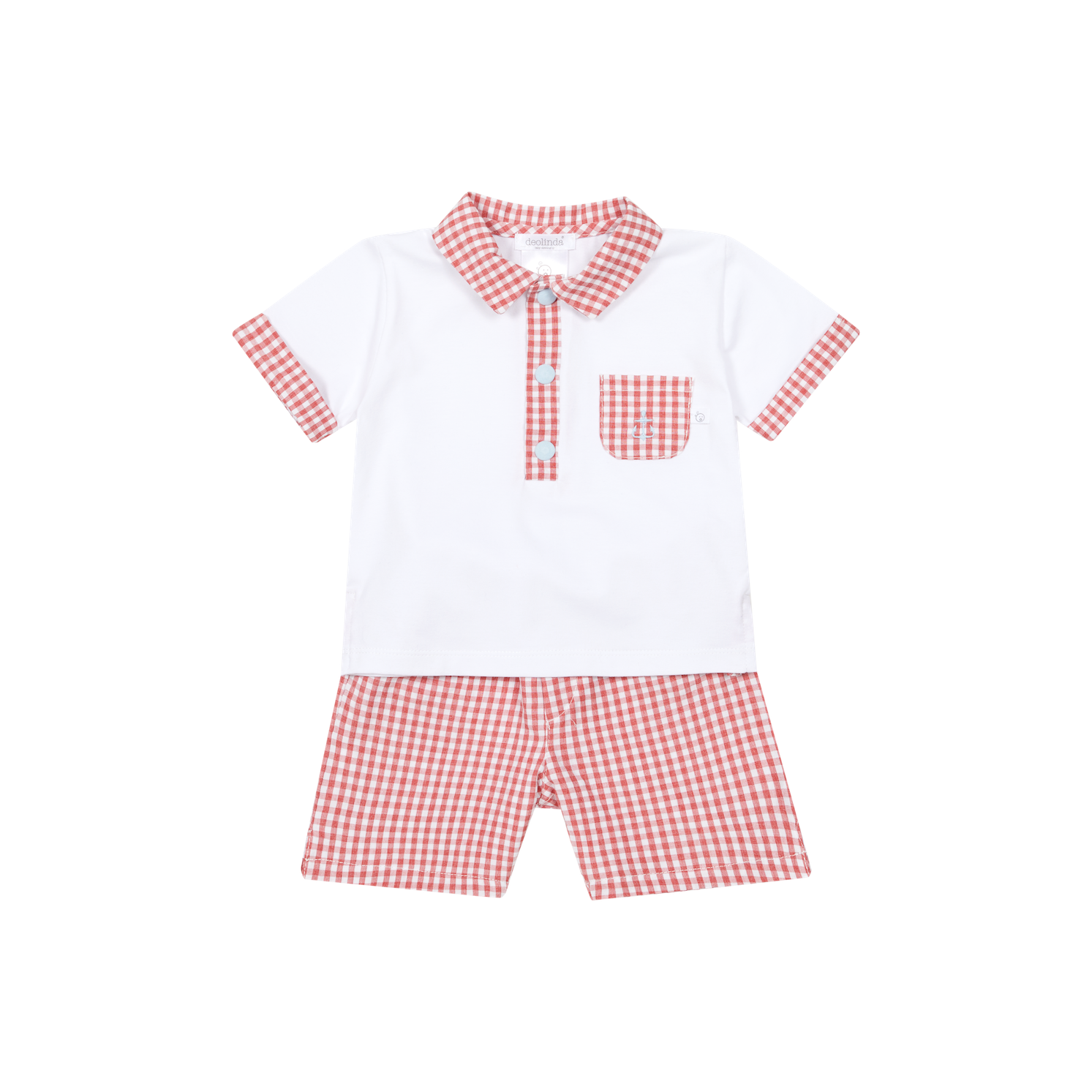 Deolinda boys short an top outfit in red gingham collar and pocket detail