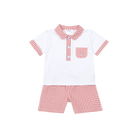 Deolinda boys short an top outfit in red gingham collar and pocket detail