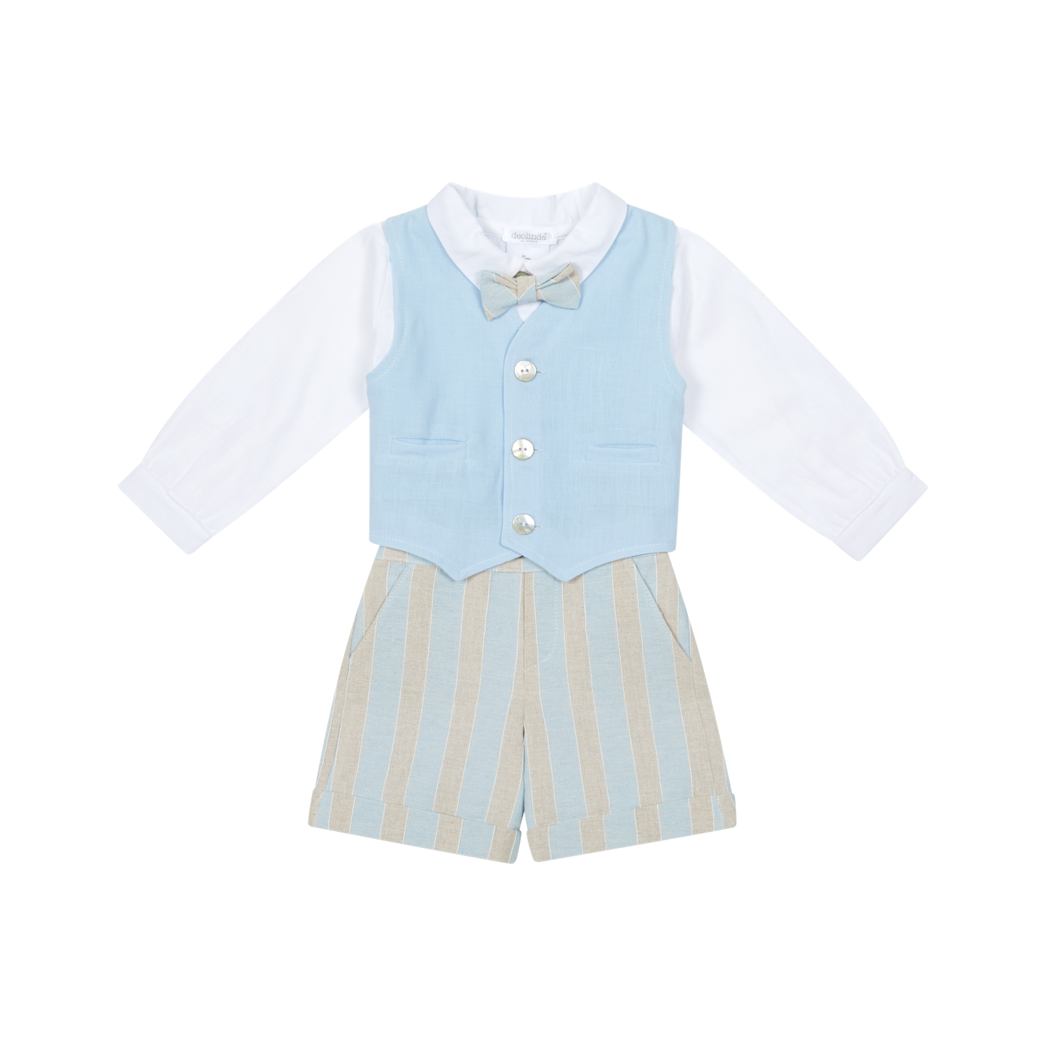 Deolinda boys formal waistcoat and bow tie short outfit set with blue waistcoat 

