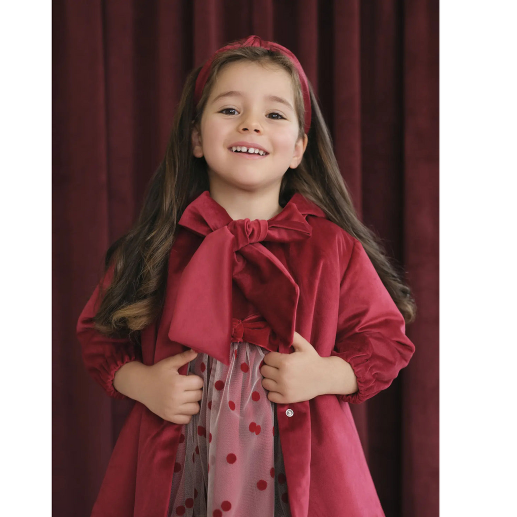 Deolinda Girls Red Velvet Bow Front Christmas Coat 