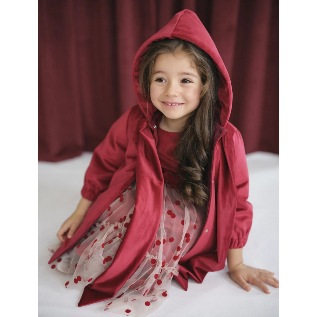 Deolinda Girls Red Velvet Bow Front Christmas Coat with Hood