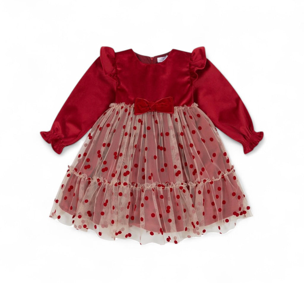 Deolinda Red Velvet Polka Dot Dress For Girls