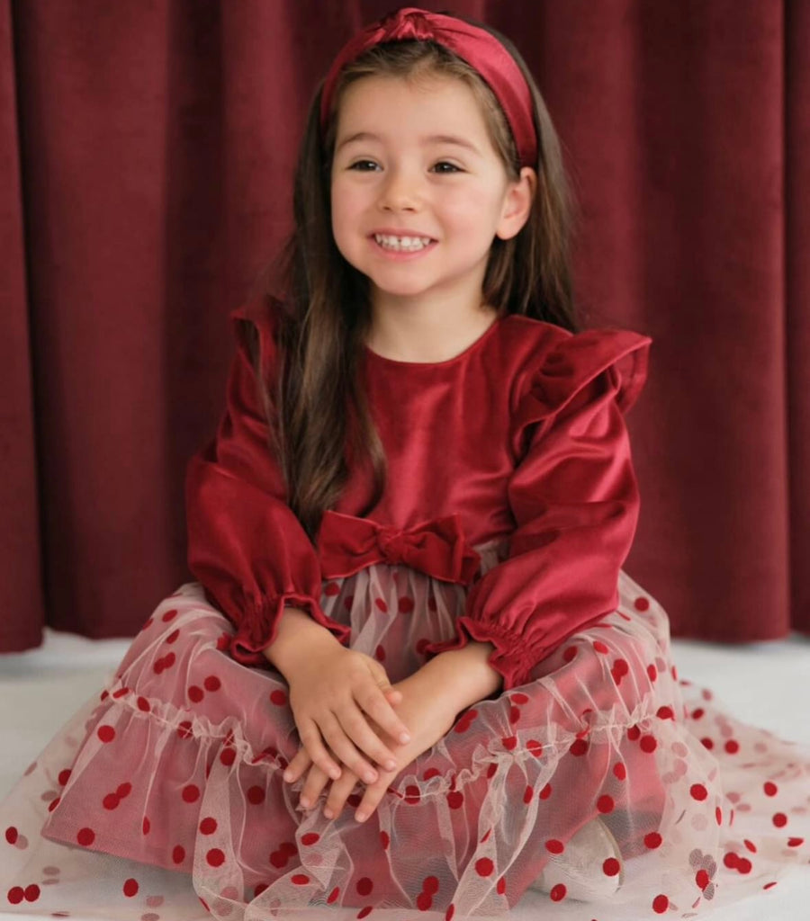 Deolinda Girls Red Velvet Polka Dot Dress