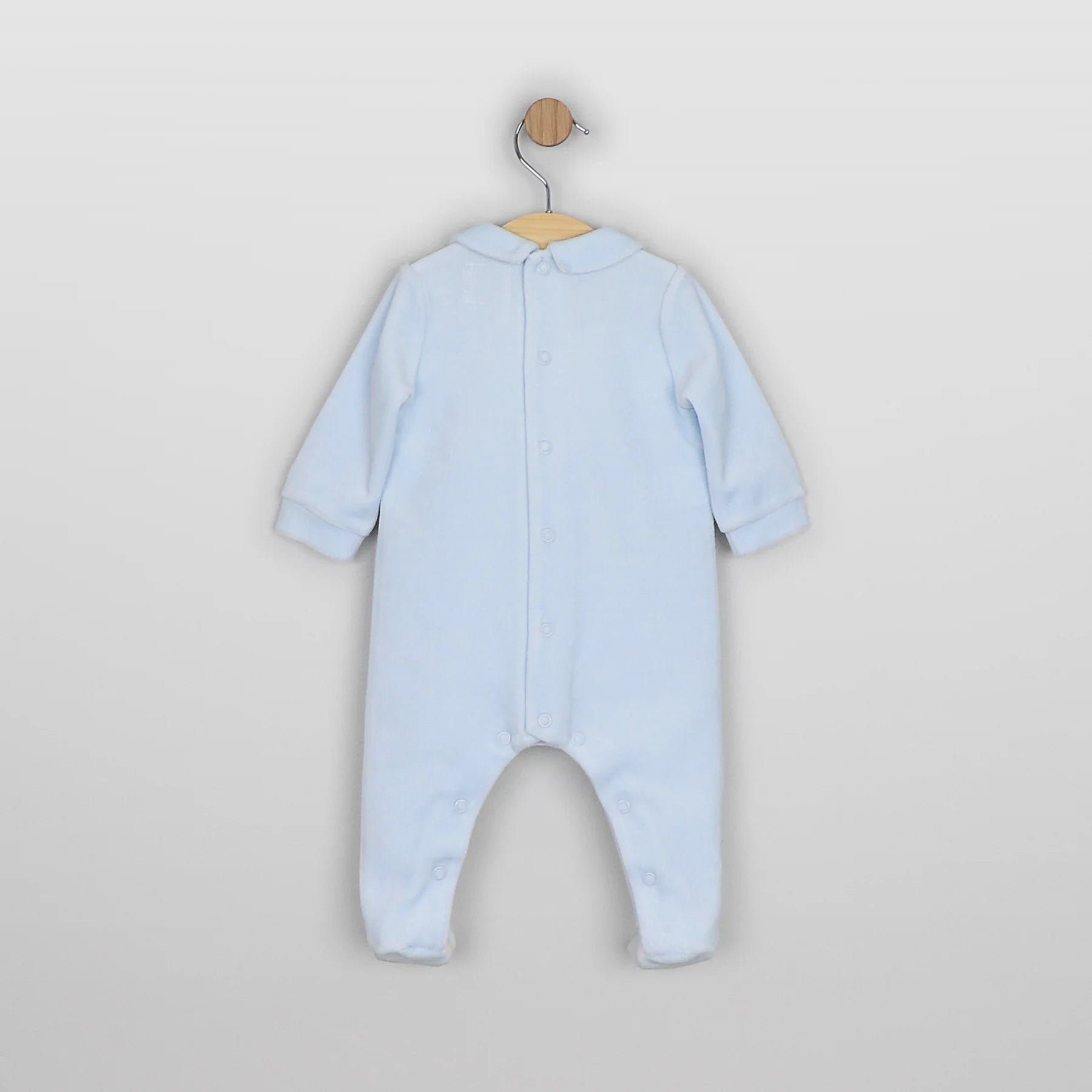 Emile et Rose Monty baby boys blue and white velour babygrow back view