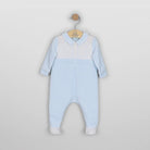 Emile et Rose Monty pale blue baby boys velour babygrow front view