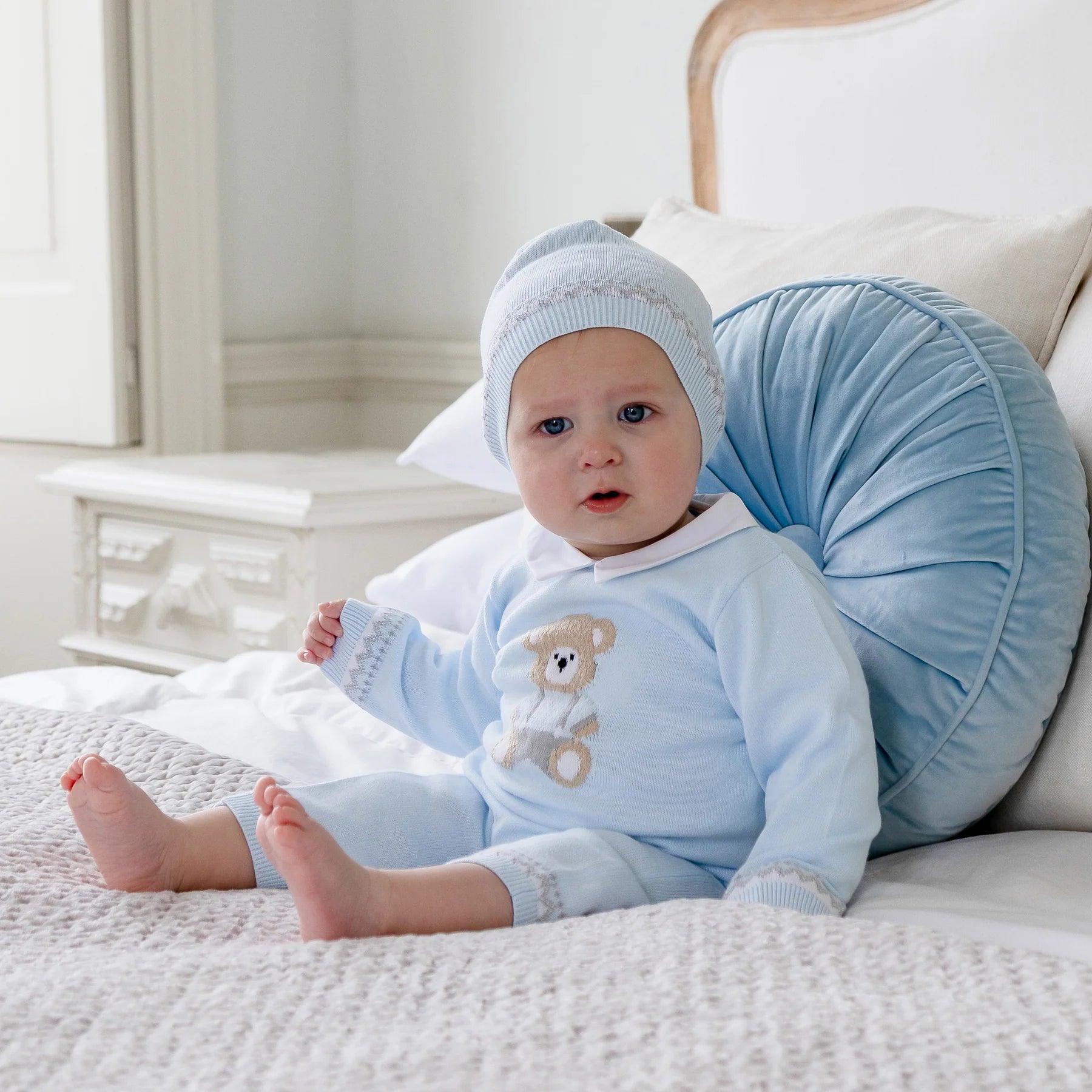Emile et Rose Milo light blue baby boys knitted romper and matching hat Gift Set