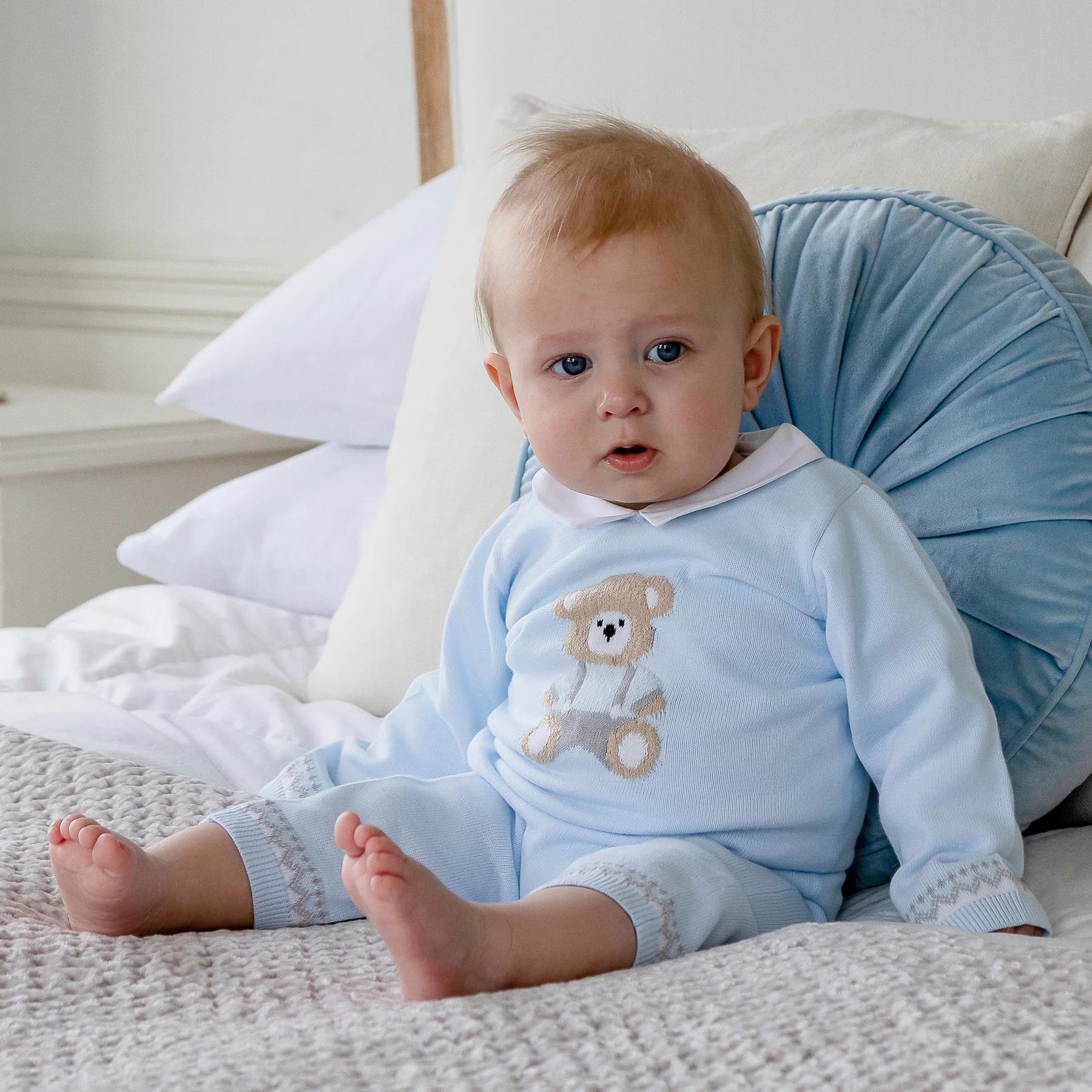 Emile et Rose Milo pale blue baby boys knitted smart babygrow and matching hat set