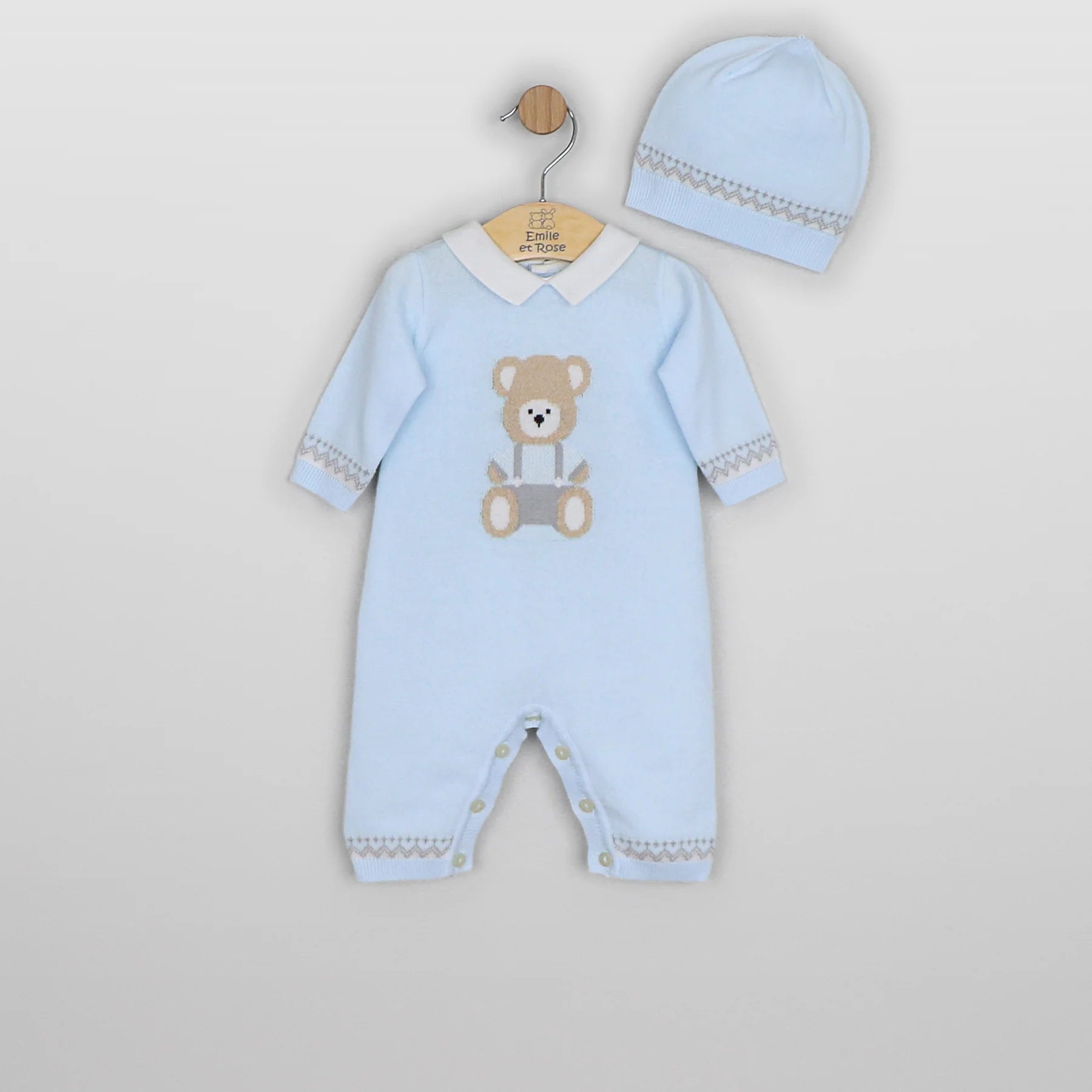 Emile et Rose Milo blue baby boys knitted romper gift set back view