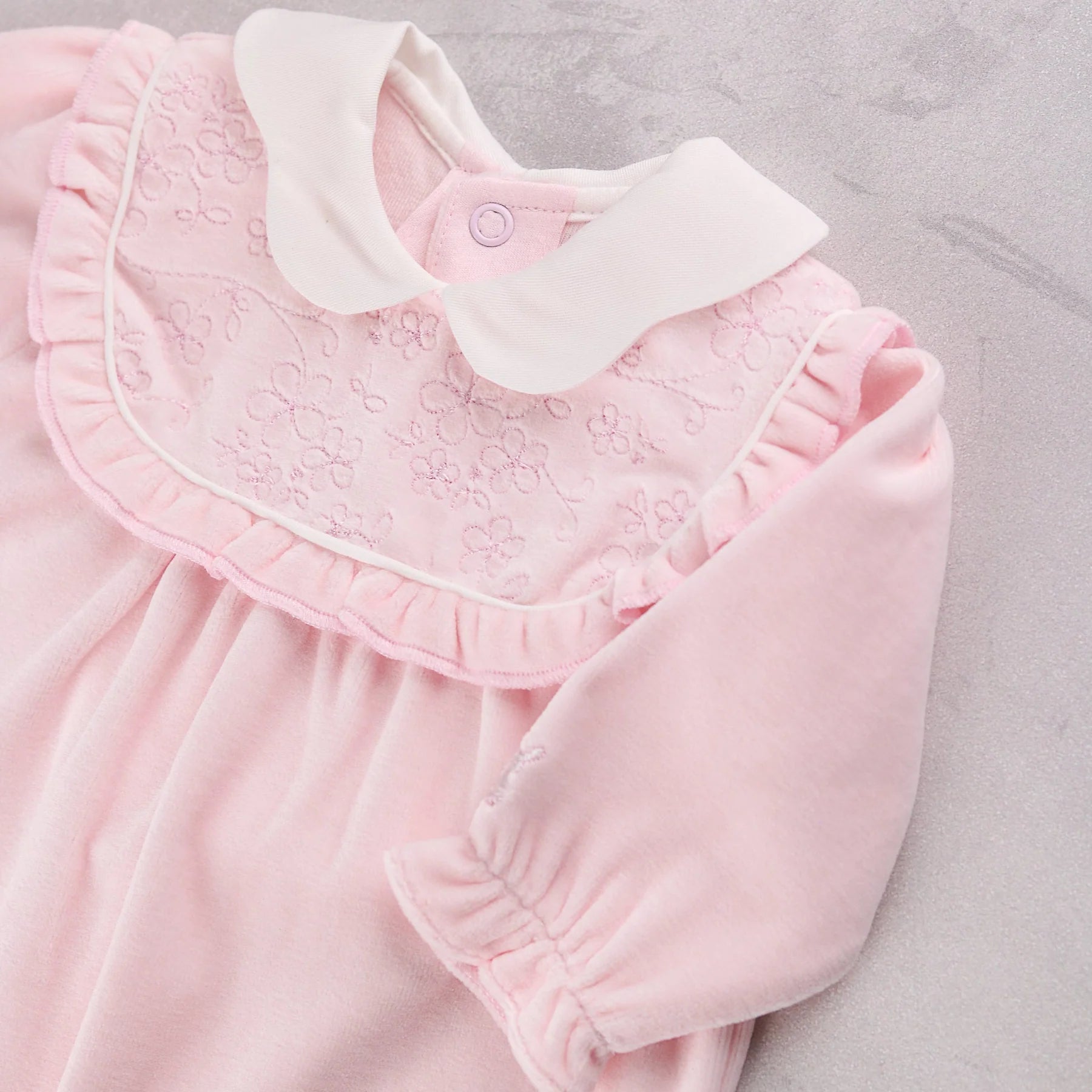  Emile et Rose Maddy baby girls pink babygrow embroidered frilled yoke detail