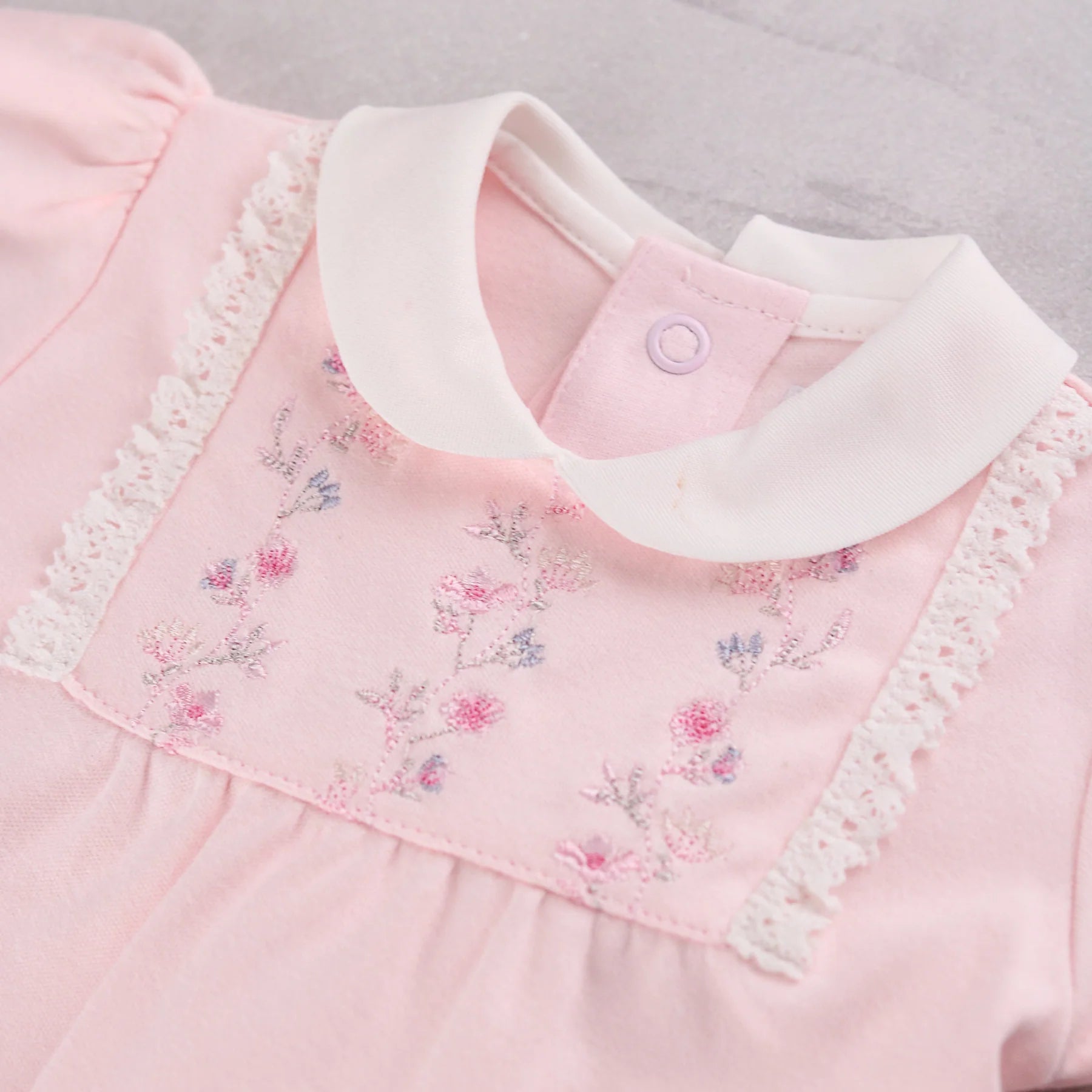 Emile et Rose Madeleine baby girls babygrow embroidered floral yoke and white collar detail
