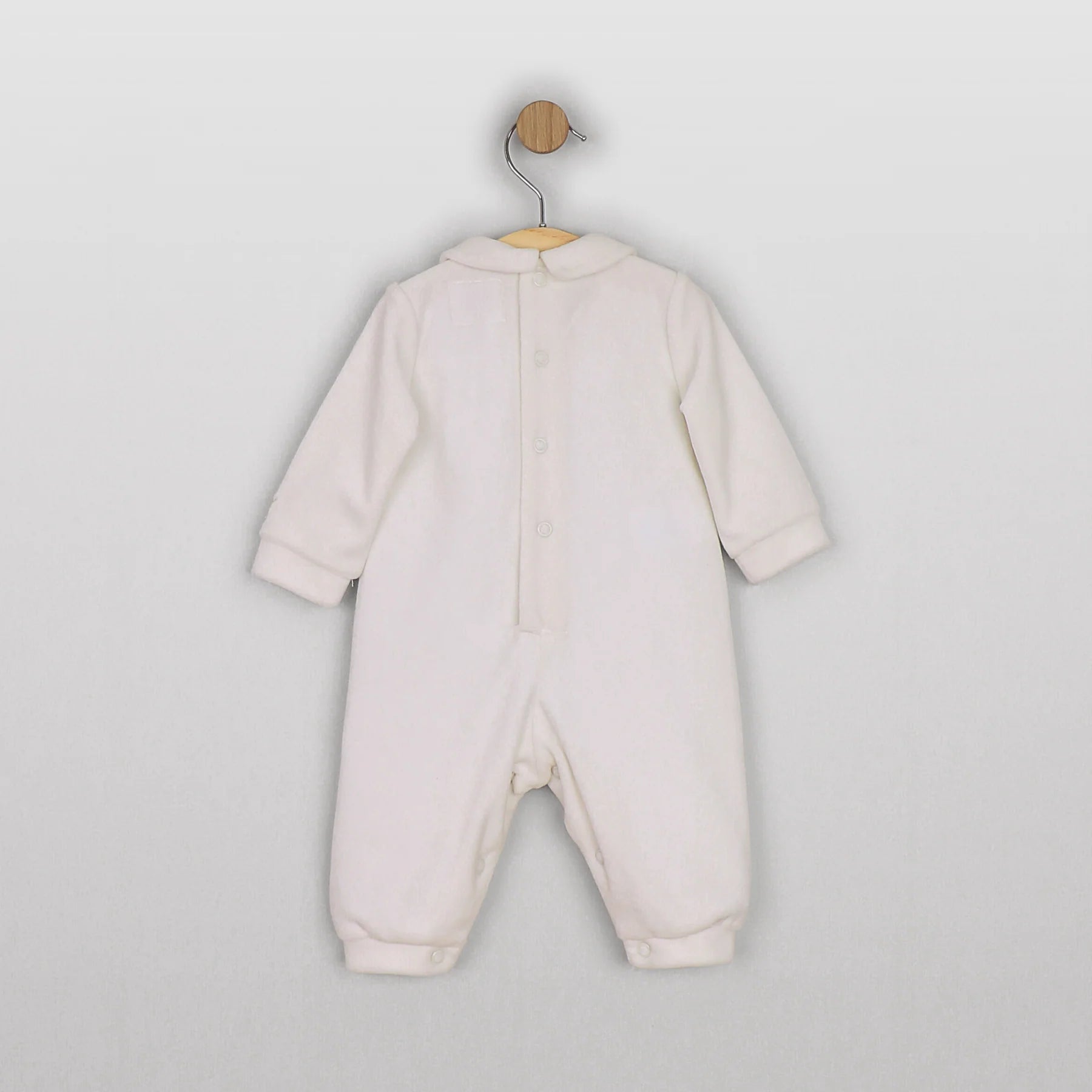 Back view of the Emile et Rose Marshall ivory baby boys velour all in one
