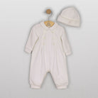 Front view of the Emile et Rose Marshall ivory christening romper with matching hat