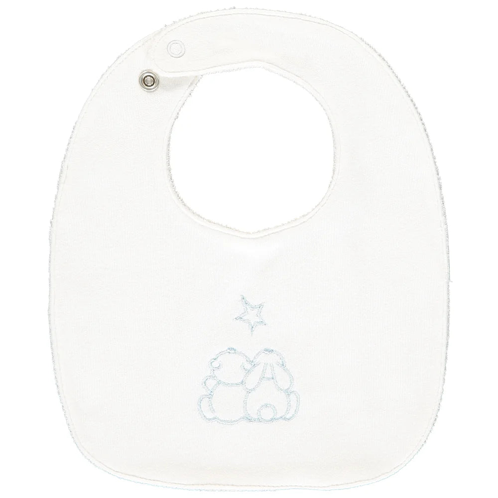White baby bib with embroidered Emile teddy bear motif