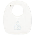 White baby bib with embroidered Emile teddy bear motif