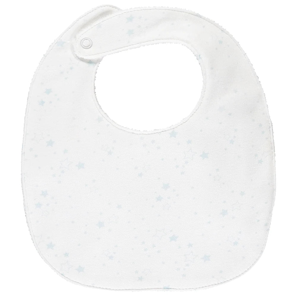 White baby bib with pale blue star print