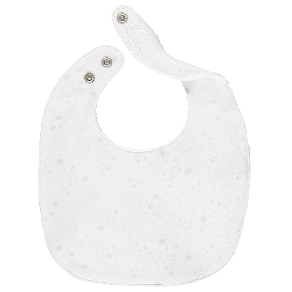 White baby bib with pale blue star print