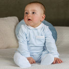  Baby boy wearing Emile et Rose Mason pale blue velour outfit set