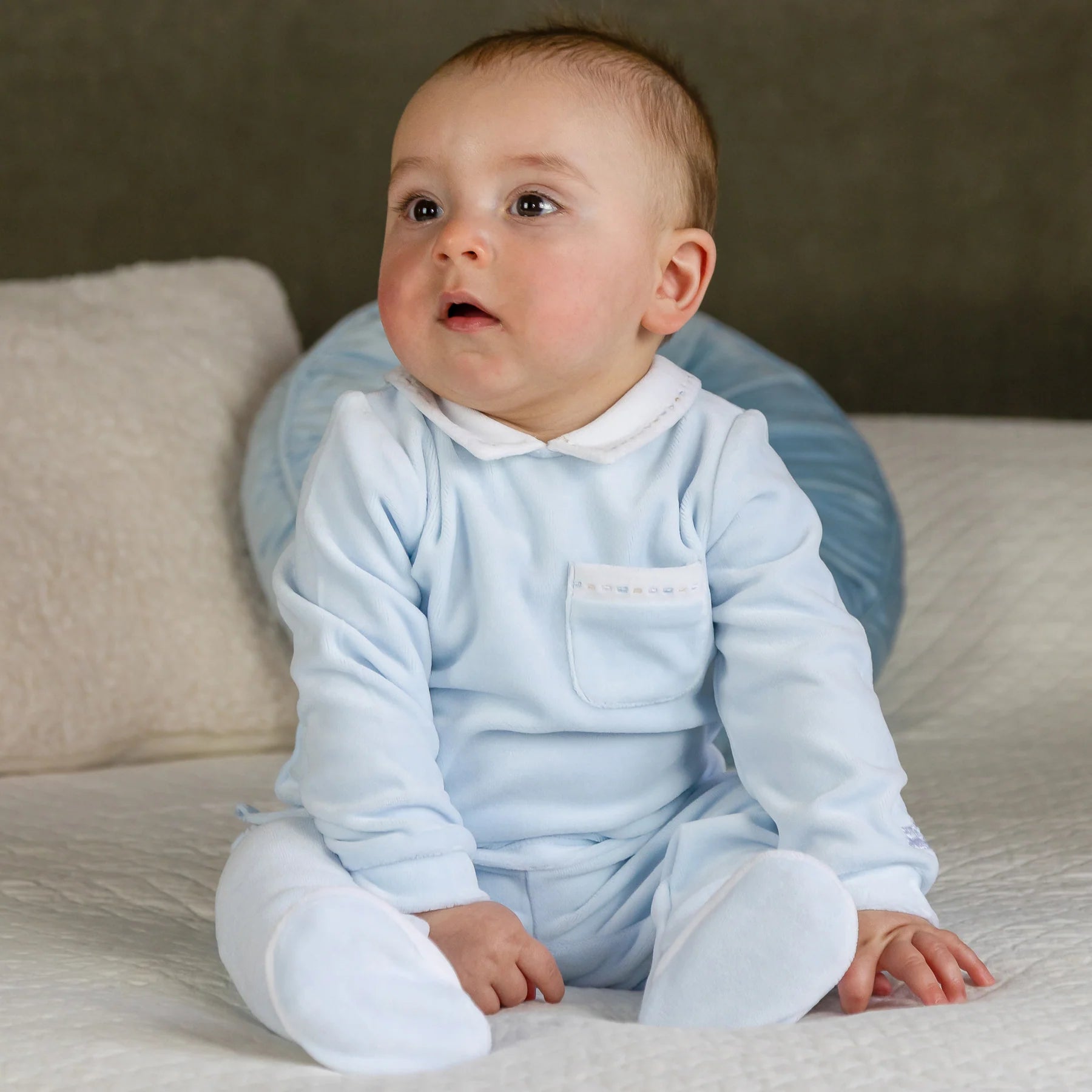  Baby boy wearing Emile et Rose Mason pale blue velour outfit set