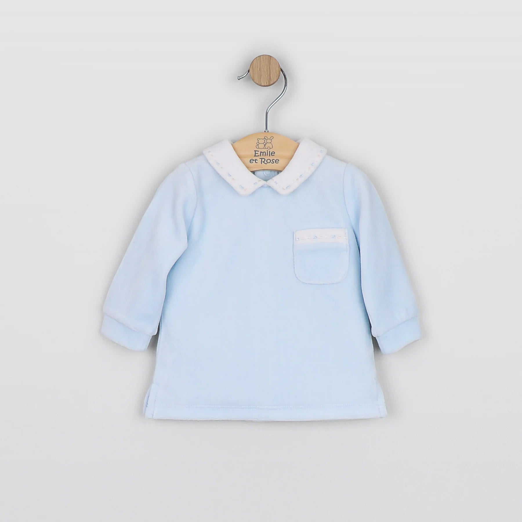 Baby boy wearing Emile et Rose Mason pale blue velour outfit set top