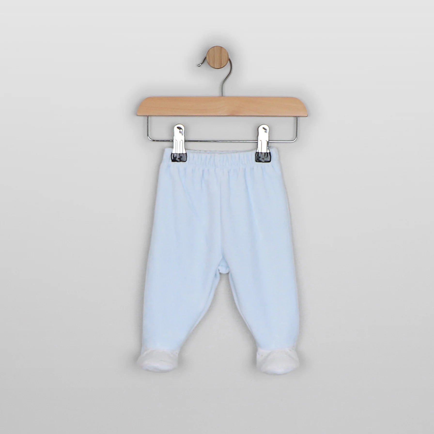 Front view of Emile et Rose Mason pale blue baby boys footed leggings