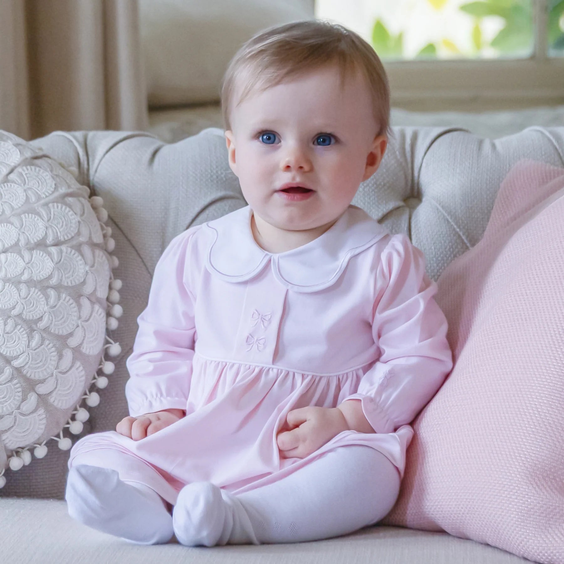 Emile et Rose Maggie pale pink baby girls dress outfit set with matching white tights