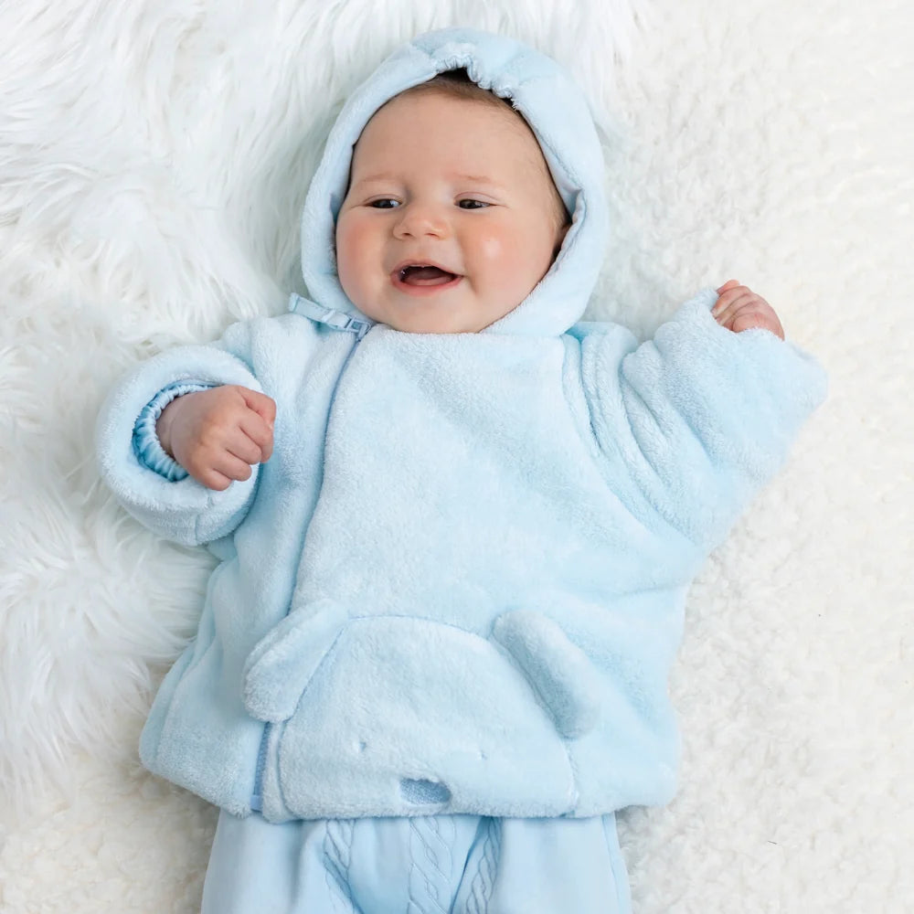 Emile et Rose Axel pale blue baby fleece jacket with hood and 3D teddy detail
