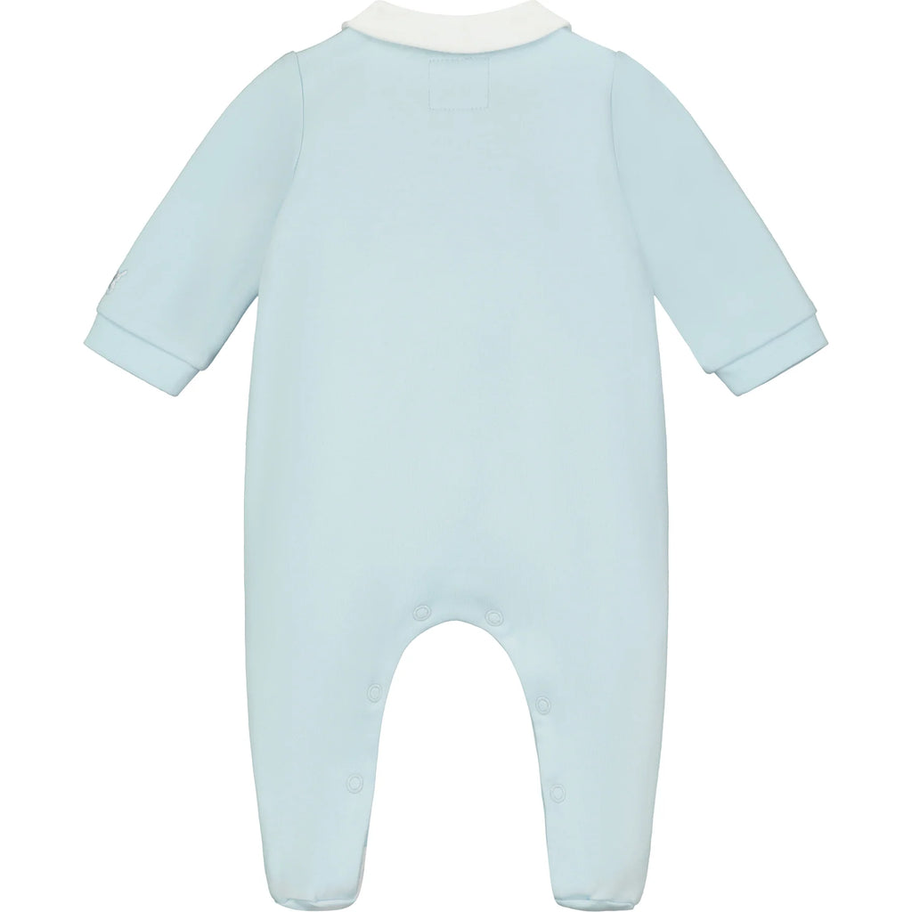 Back view of Emile et Rose Fisher blue babygrow outfit with collar