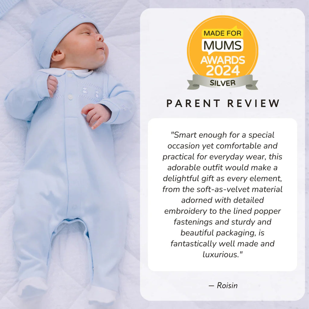 Award winning Emile et Rose Fisher baby boys blue babygrow and hat review 