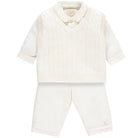 Emile et Rose George ivory three piece set flat lay with shirt trousers and tank top