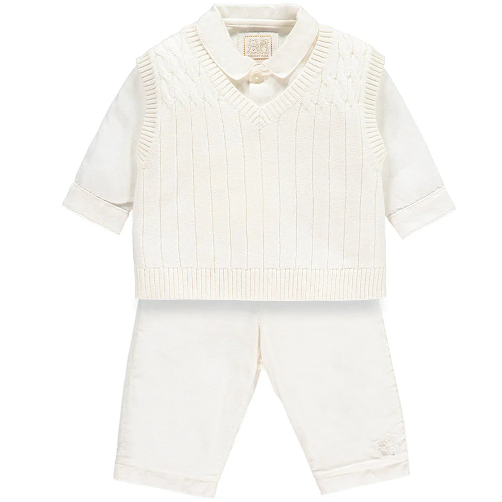 Emile et Rose George ivory three piece set flat lay with shirt trousers and tank top