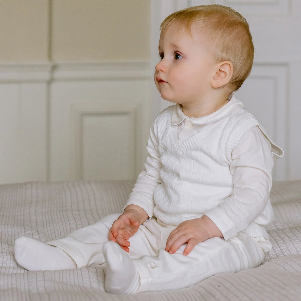 Emile et Rose George baby boys ivory three piece outfit crawling
