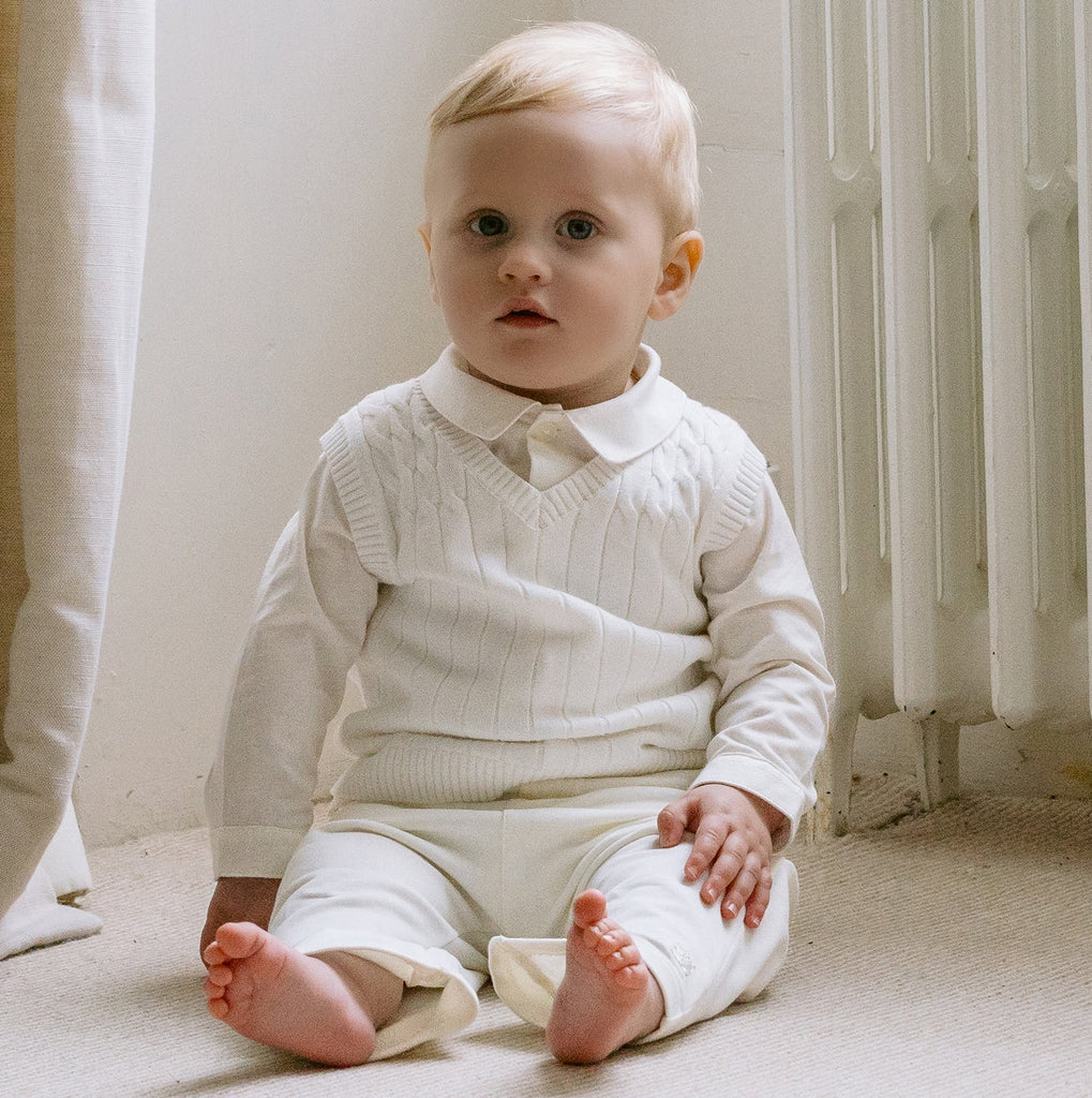 Emile et Rose George baby boys ivory three piece set sitting front view