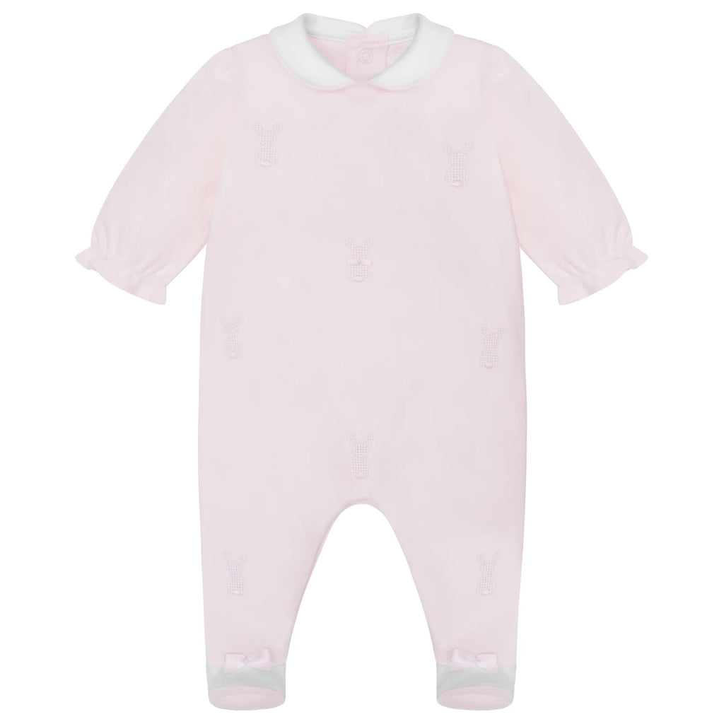 Emile et Rose Kallie Pink Bunny Babygrow flatlay front with embroidered bunnies